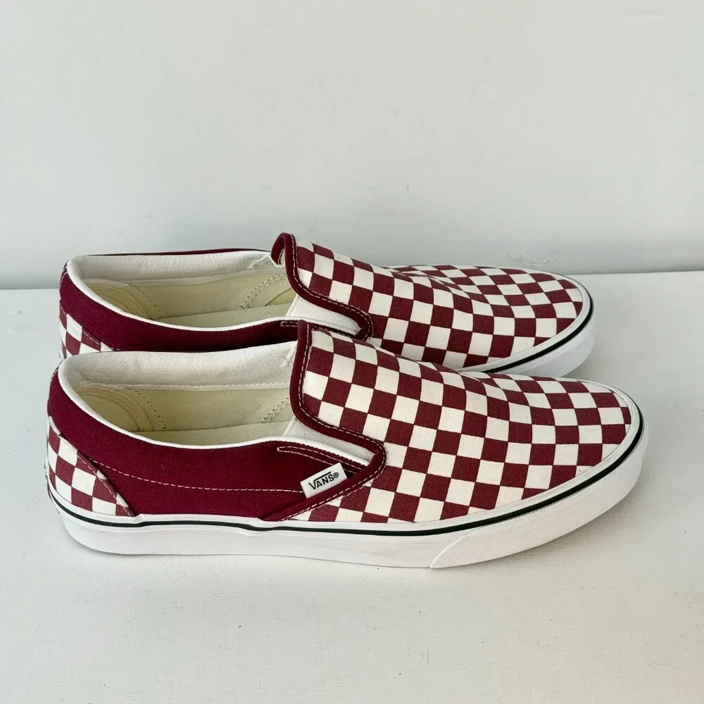 Men's 11 - VANS Classic Slip-On Checkerboard Skateboarding Shoe - Burgundy